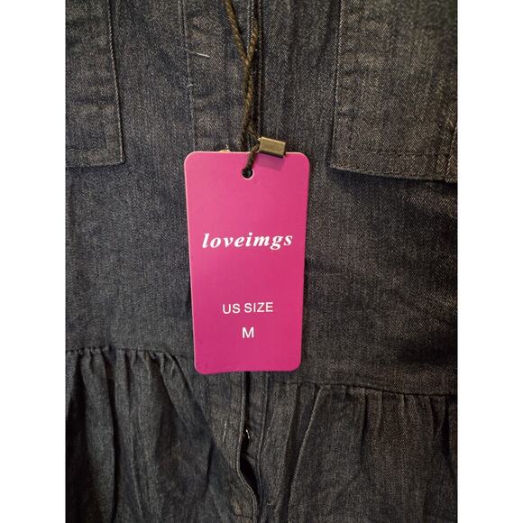 Loveimgs Womens Jean Dress Size Medium Long Sleeve Long Dress V Neck Dark Blue - Picture 3 of 4